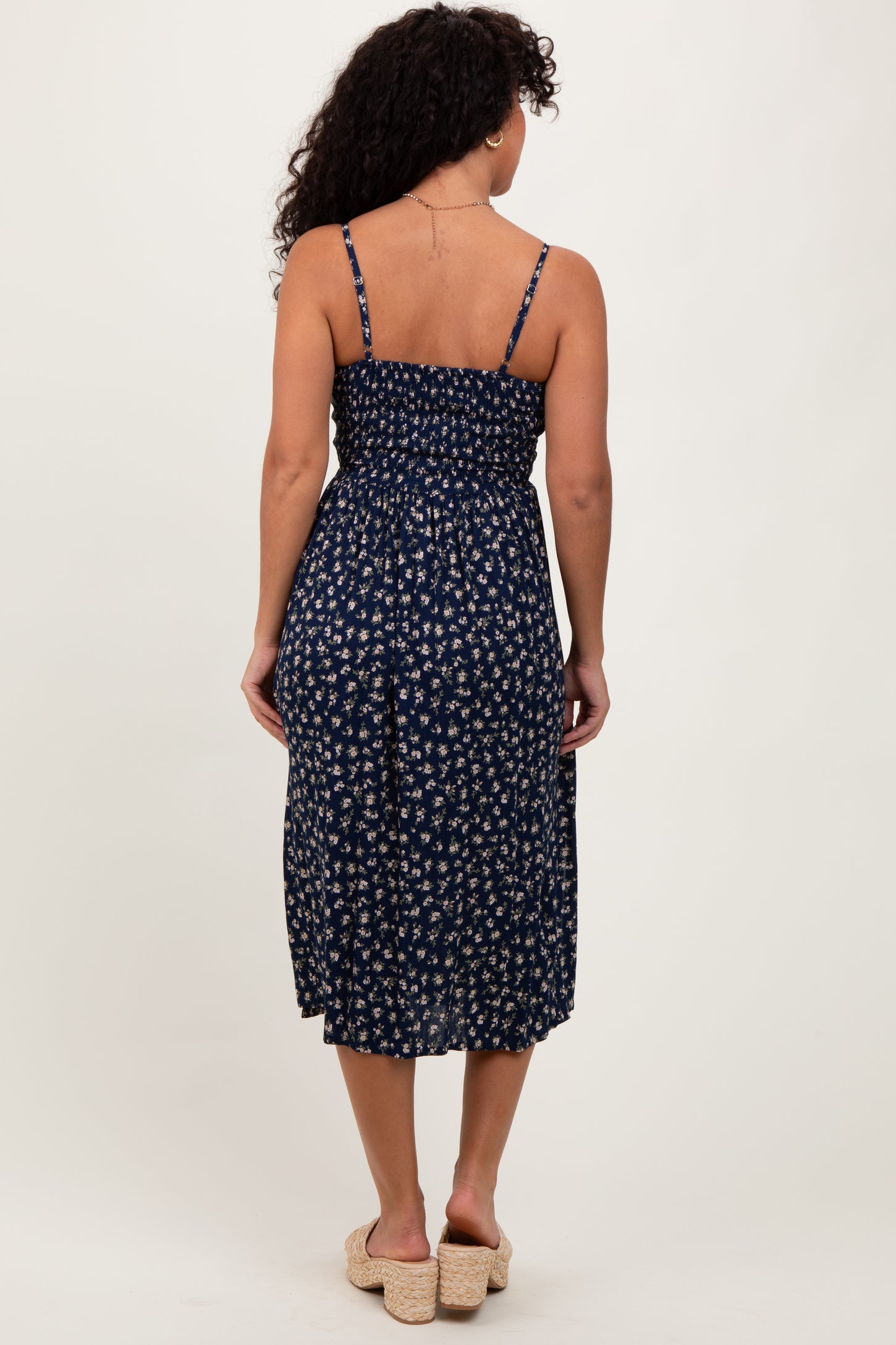 Navy Floral Twist Front Cut Out Midi Dress