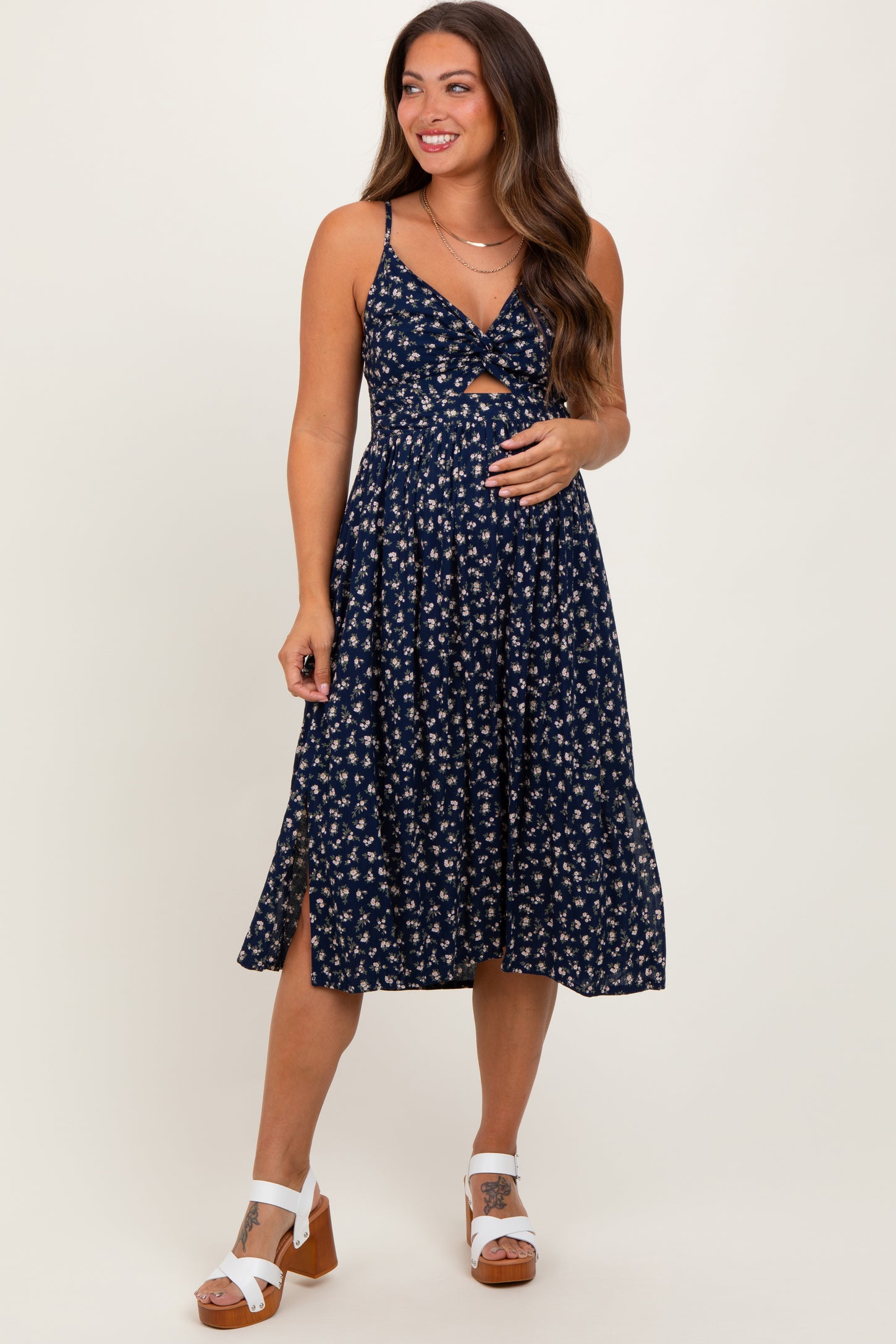 Navy Floral Twist Front Cut Out Maternity Midi Dress