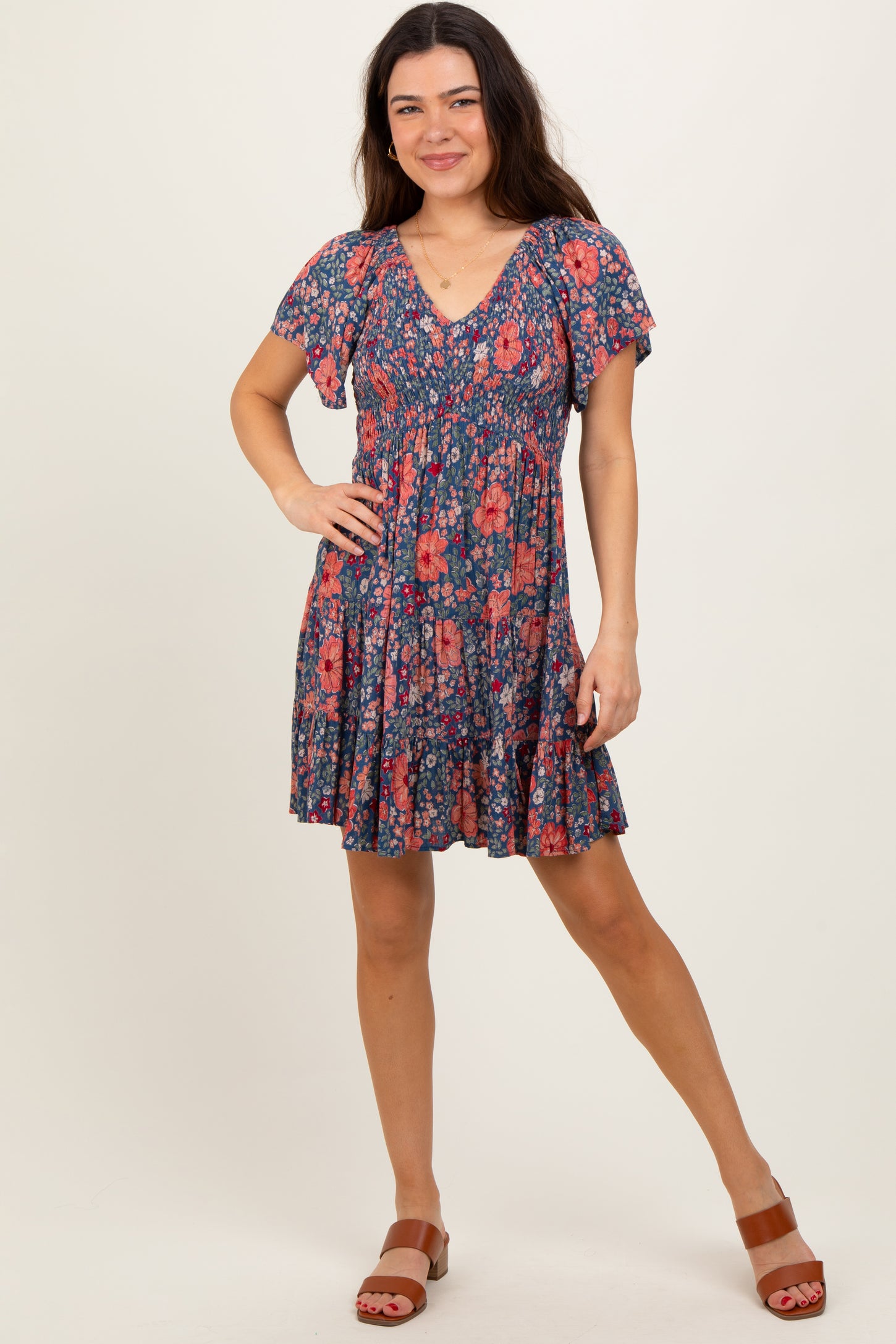 Blue Floral Smocked V-Neck Flutter Sleeve Dress