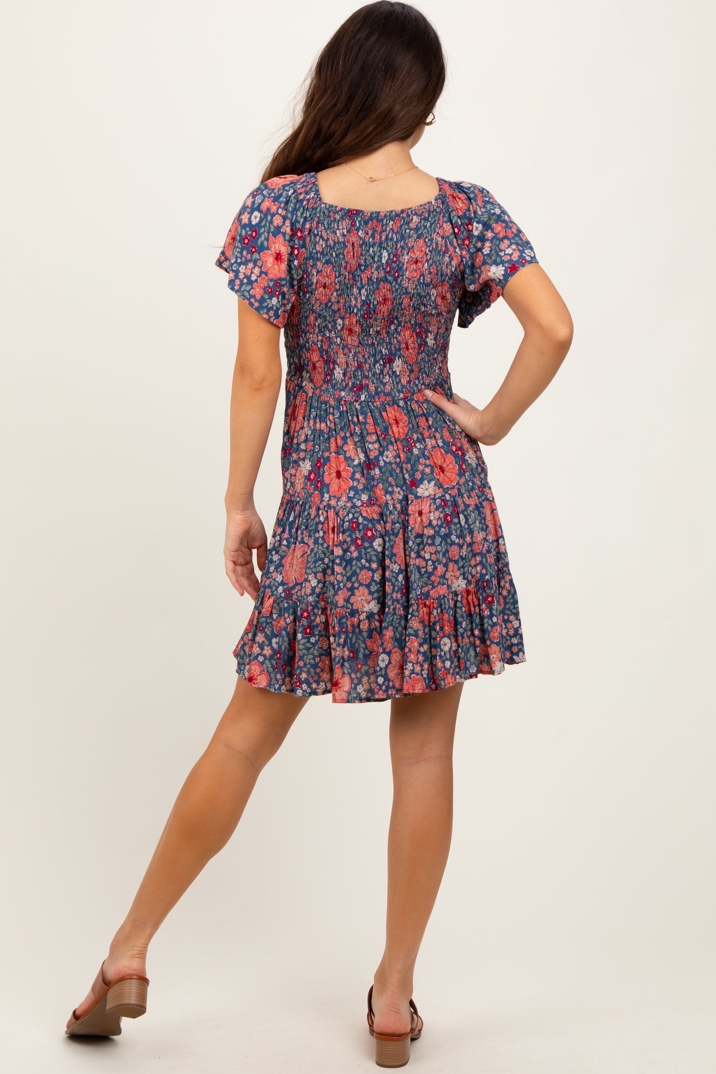 Blue Floral Smocked V-Neck Flutter Sleeve Dress