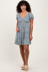 Light Olive Floral Smocked V-Neck Flutter Sleeve Dress