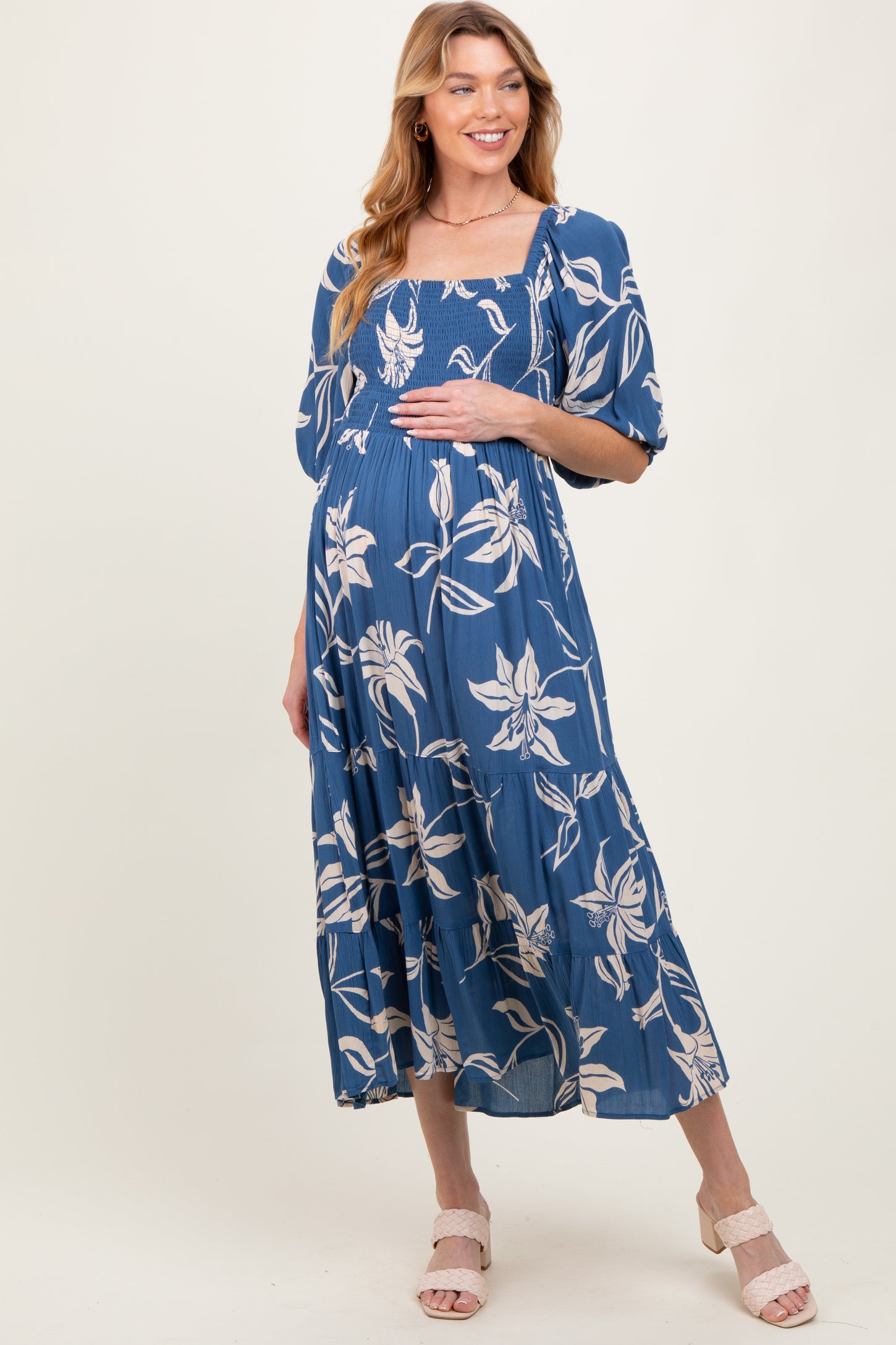 Blue Smocked Puff Sleeve Maternity Midi Dress