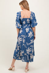 Blue Smocked Puff Sleeve Maternity Midi Dress