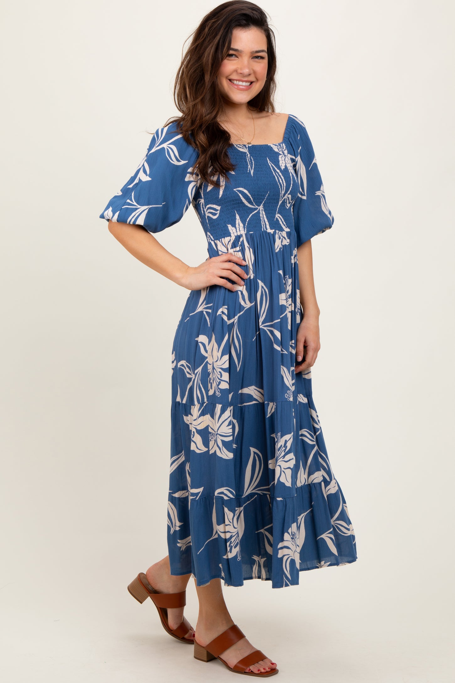 Blue Smocked Puff Sleeve Midi Dress