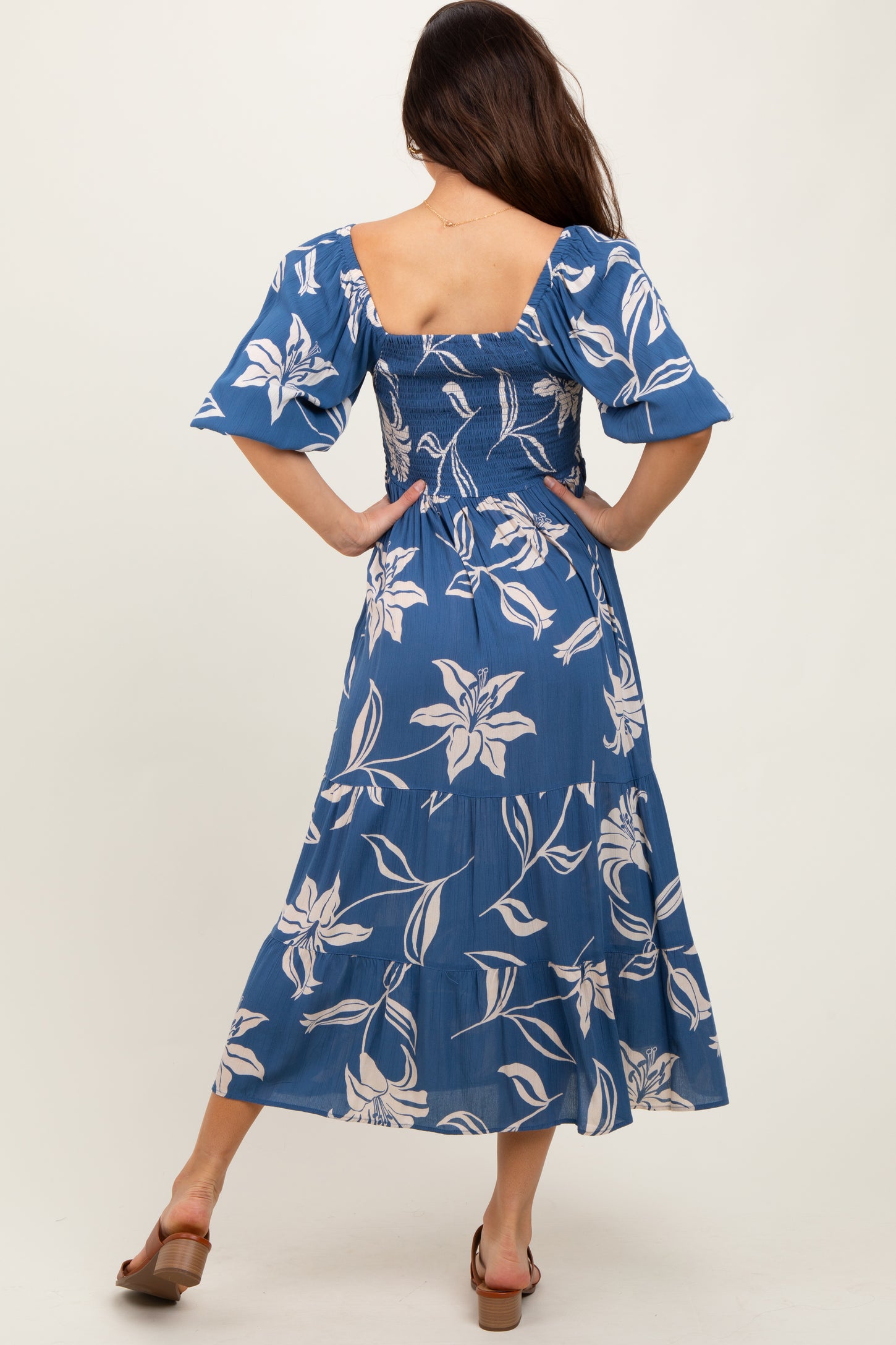 Blue Smocked Puff Sleeve Midi Dress