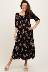 Black Smocked Puff Sleeve Midi Dress