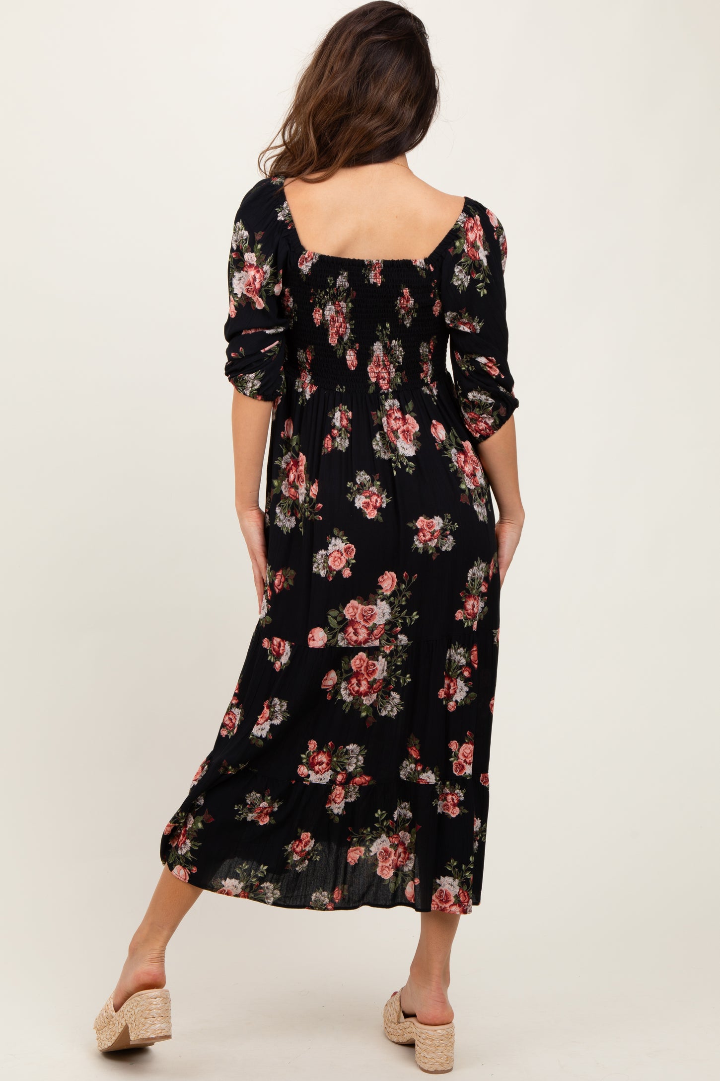 Black Smocked Puff Sleeve Midi Dress