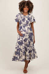 Navy Floral Smocked Ruffle Hem Maternity Midi Dress