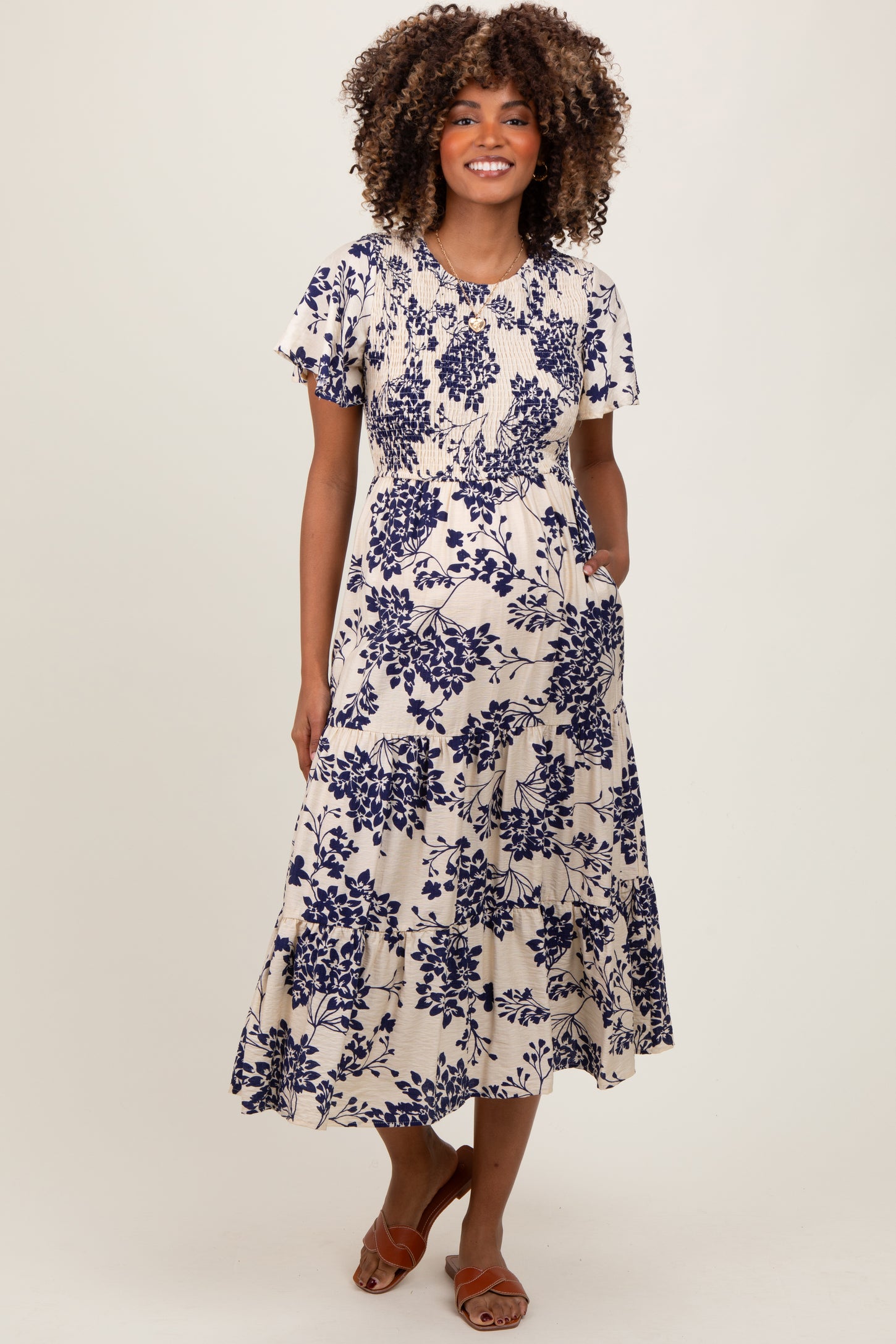 Navy Floral Smocked Ruffle Hem Maternity Midi Dress
