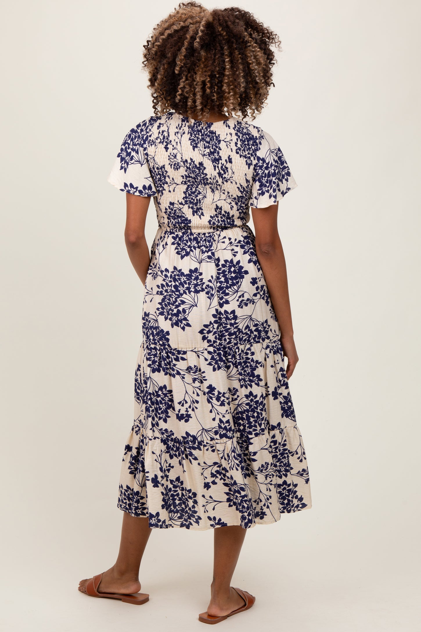 Navy Floral Smocked Ruffle Hem Maternity Midi Dress