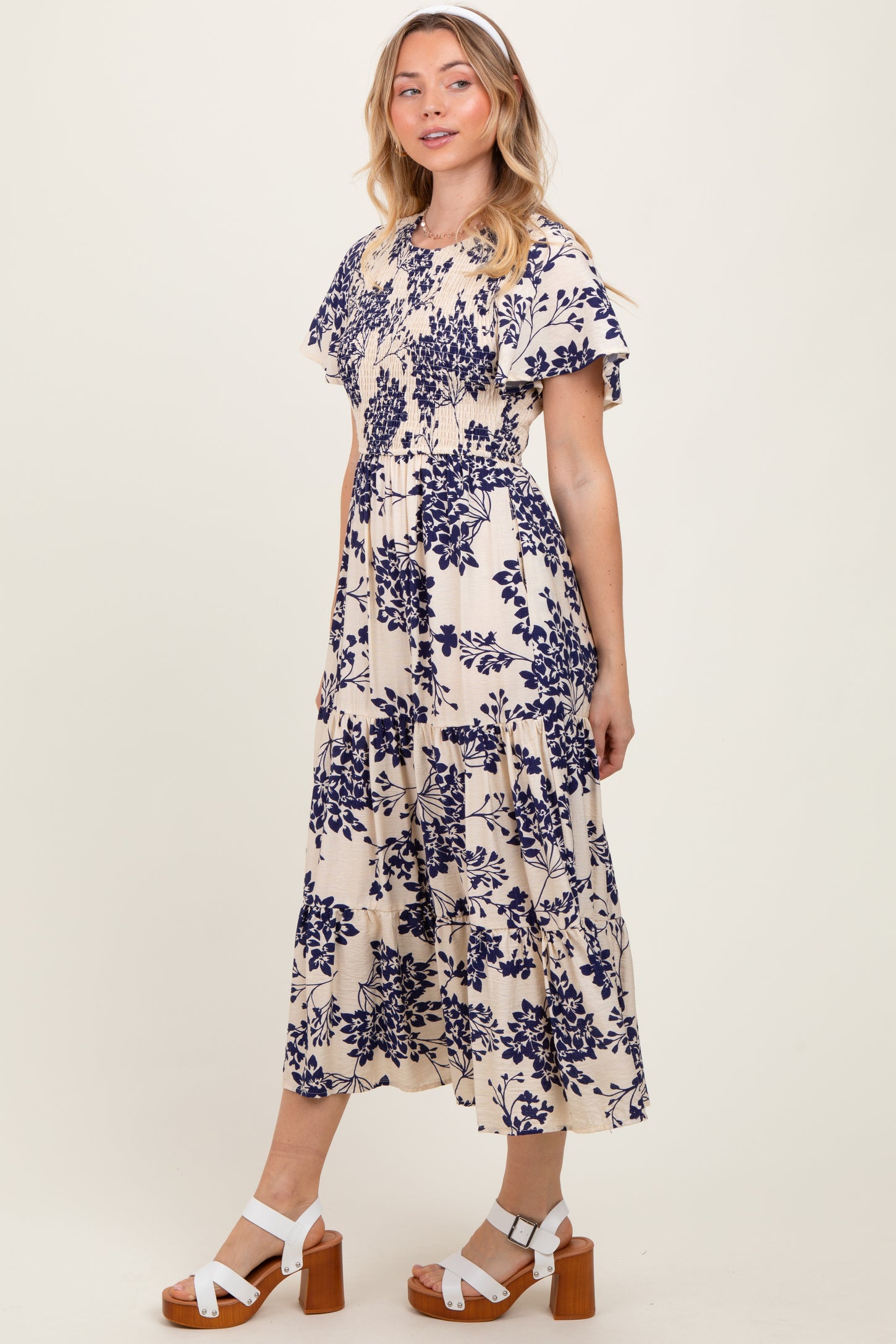Navy Floral Smocked Ruffle Hem Midi Dress