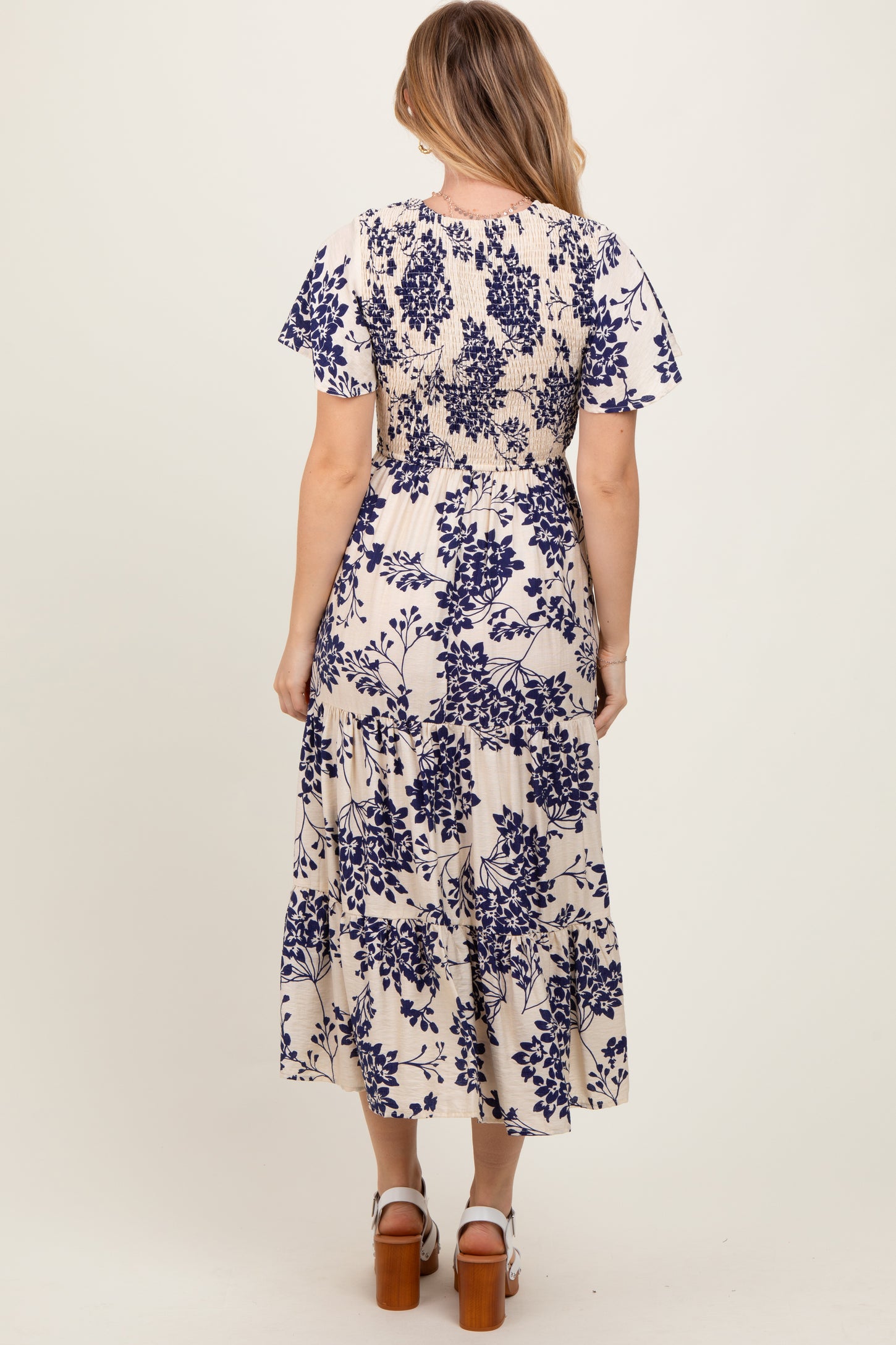 Navy Floral Smocked Ruffle Hem Midi Dress