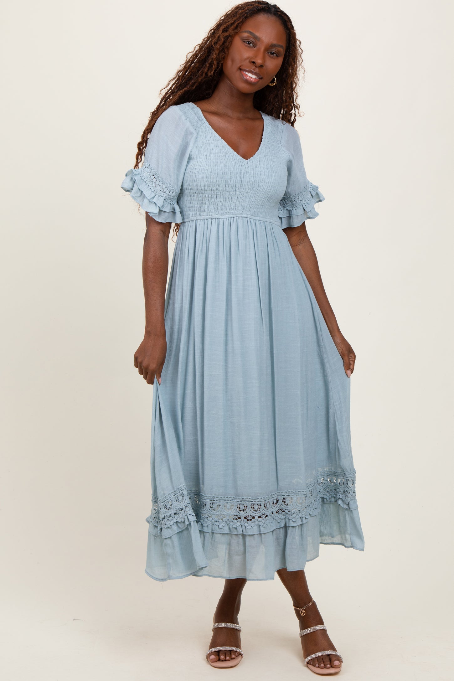 crochet trim midi dress Crochet Trim Smocked Cotton Midi Dress