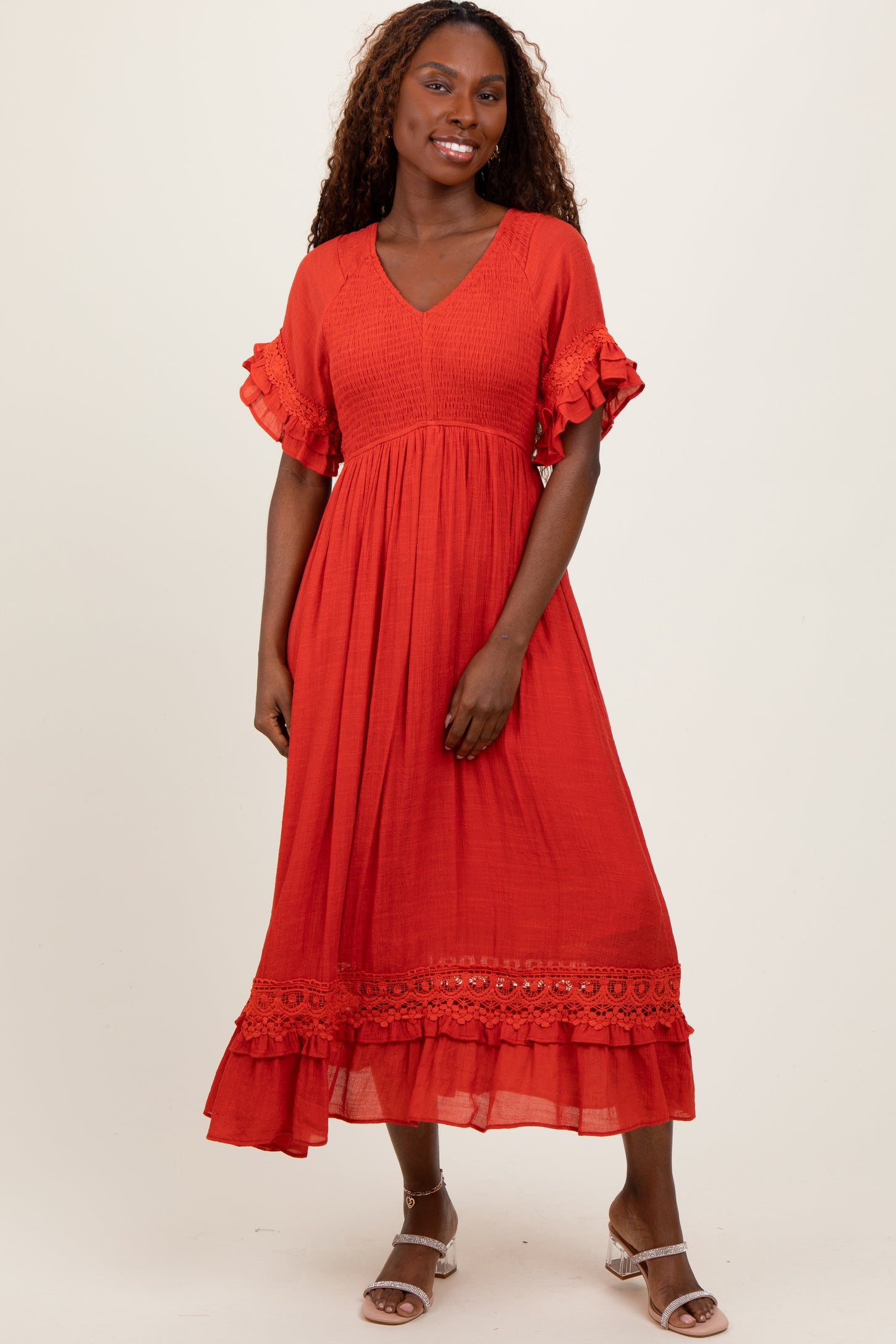 Rust Smocked Crochet Ruffle Trim Midi Dress Rust Smocked Crochet Ruffle Trim Midi Dress