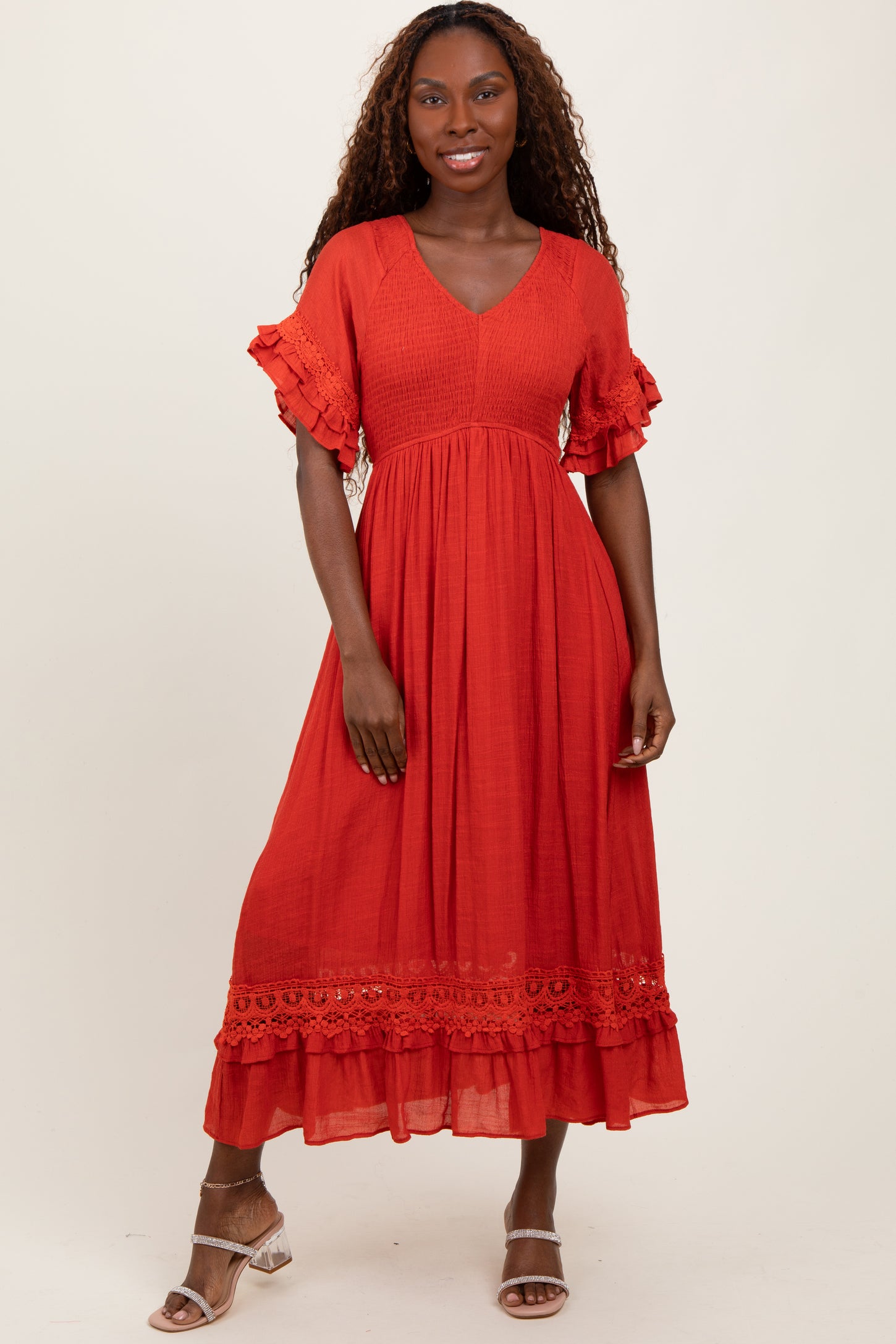 crochet midi dress with sleeves White Long Sleeve V Neck Crochet Lace Tiered Cotton Midi Dress