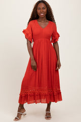 Rust Smocked Crochet Ruffle Trim Midi Dress