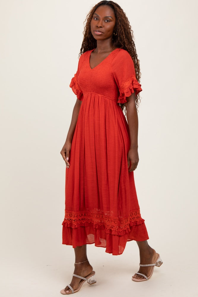 Rust Smocked Crochet Ruffle Trim Midi Dress