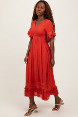 Rust Smocked Crochet Ruffle Trim Midi Dress