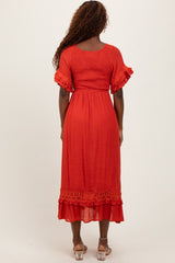 Rust Smocked Crochet Ruffle Trim Midi Dress