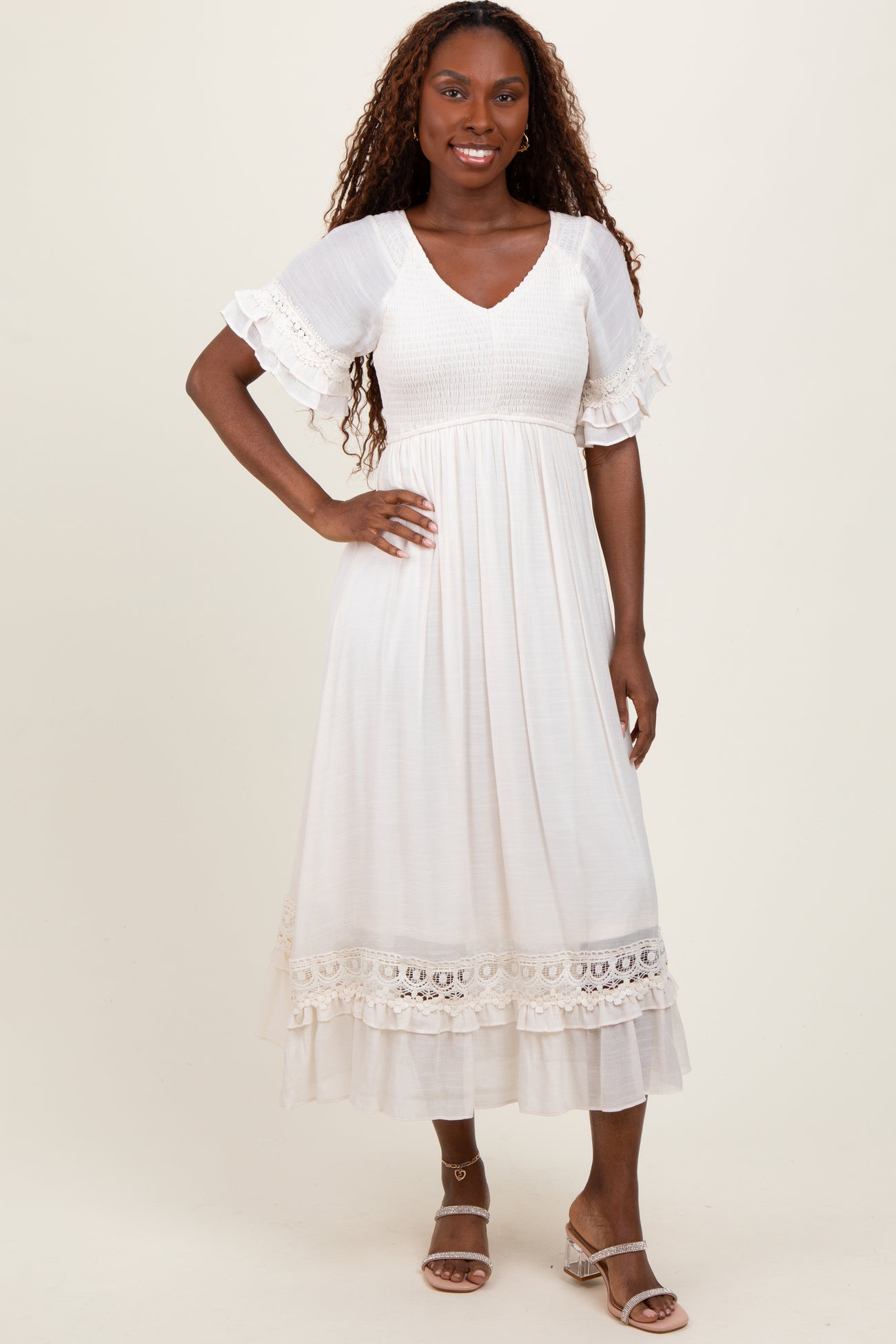 Cream Smocked Crochet Ruffle Trim Maternity Midi Dress – PinkBlush