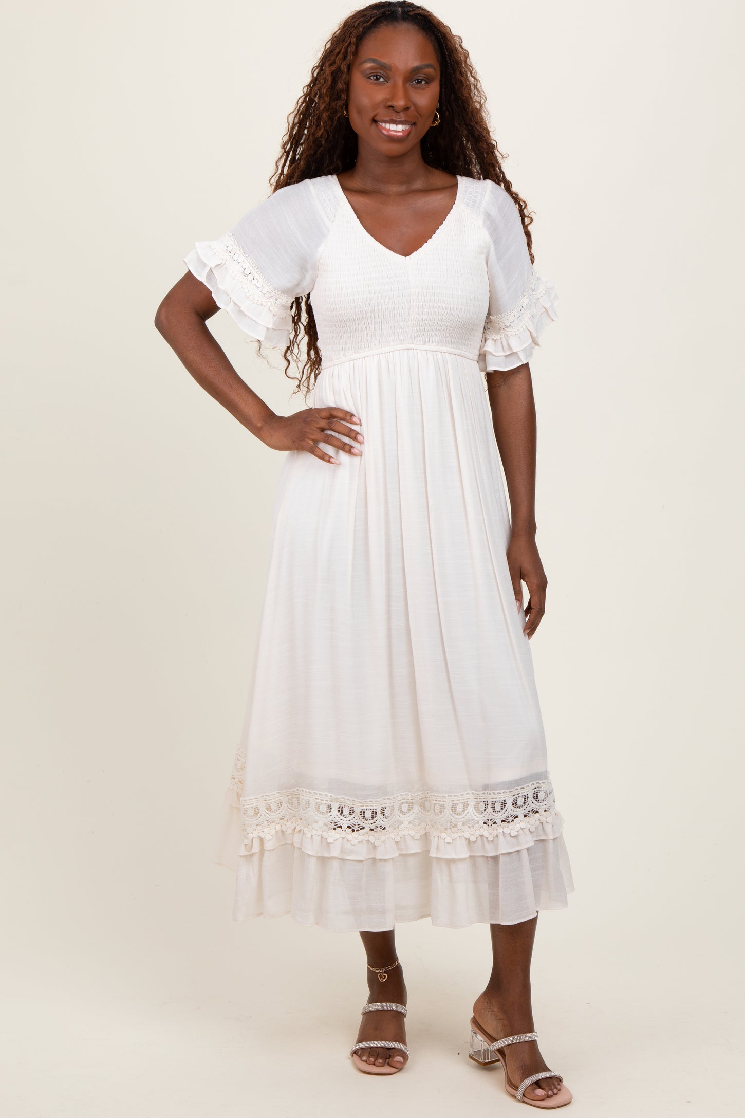 Cream Smocked Crochet Ruffle Trim Maternity Midi Dress PinkBlush Cream Smocked Crochet Ruffle Trim Maternity Midi Dress PinkBlush