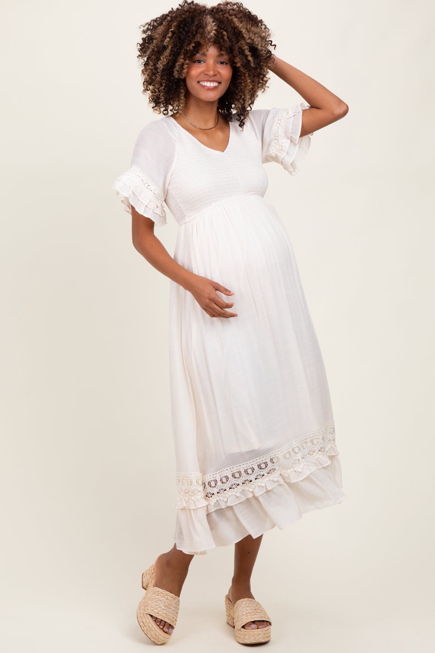 Cream Smocked Crochet Ruffle Trim Maternity Midi Dress