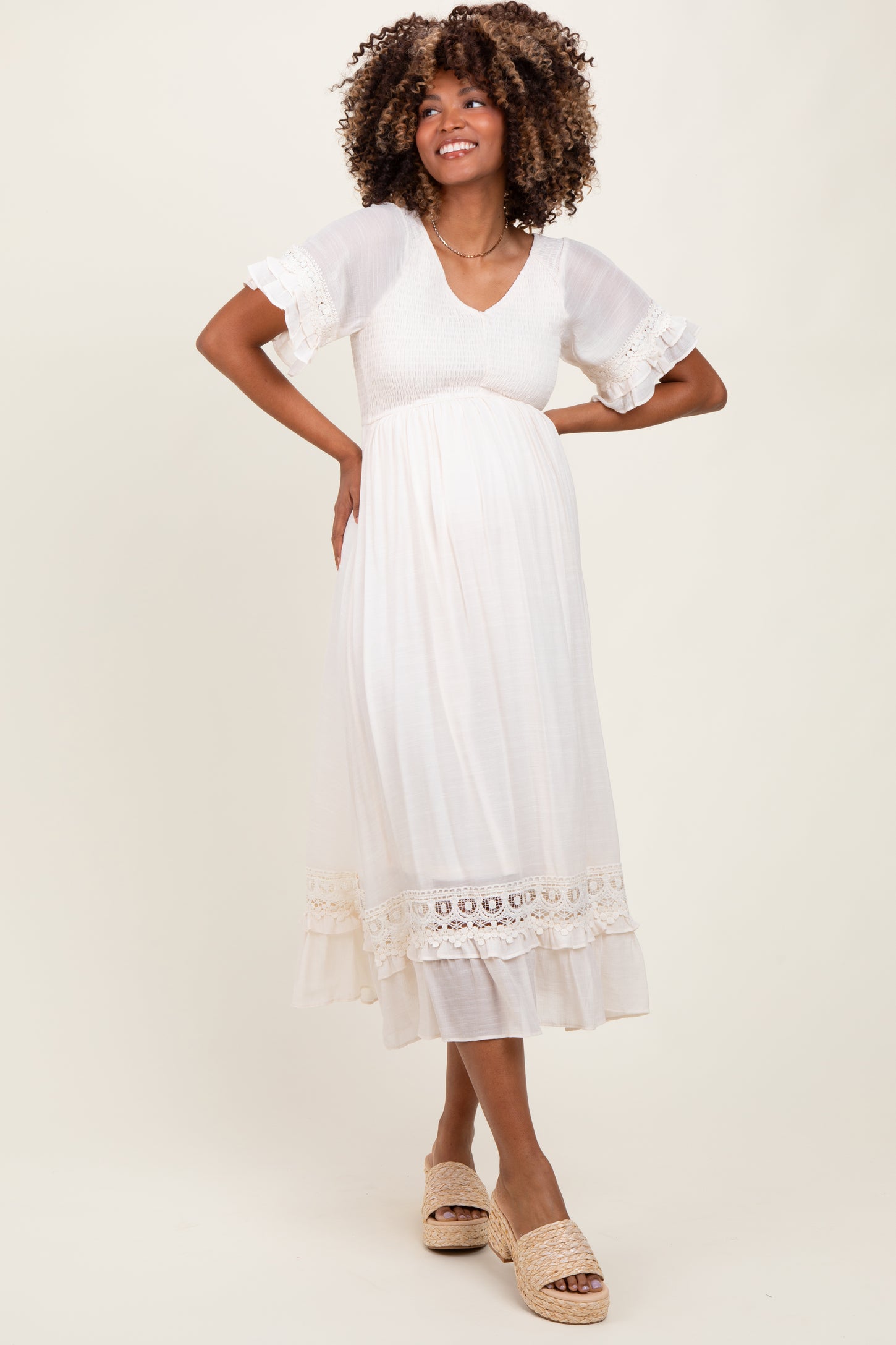 Cream Smocked Crochet Ruffle Trim Maternity Midi Dress – PinkBlush