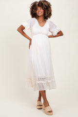 Cream Smocked Crochet Ruffle Trim Maternity Midi Dress