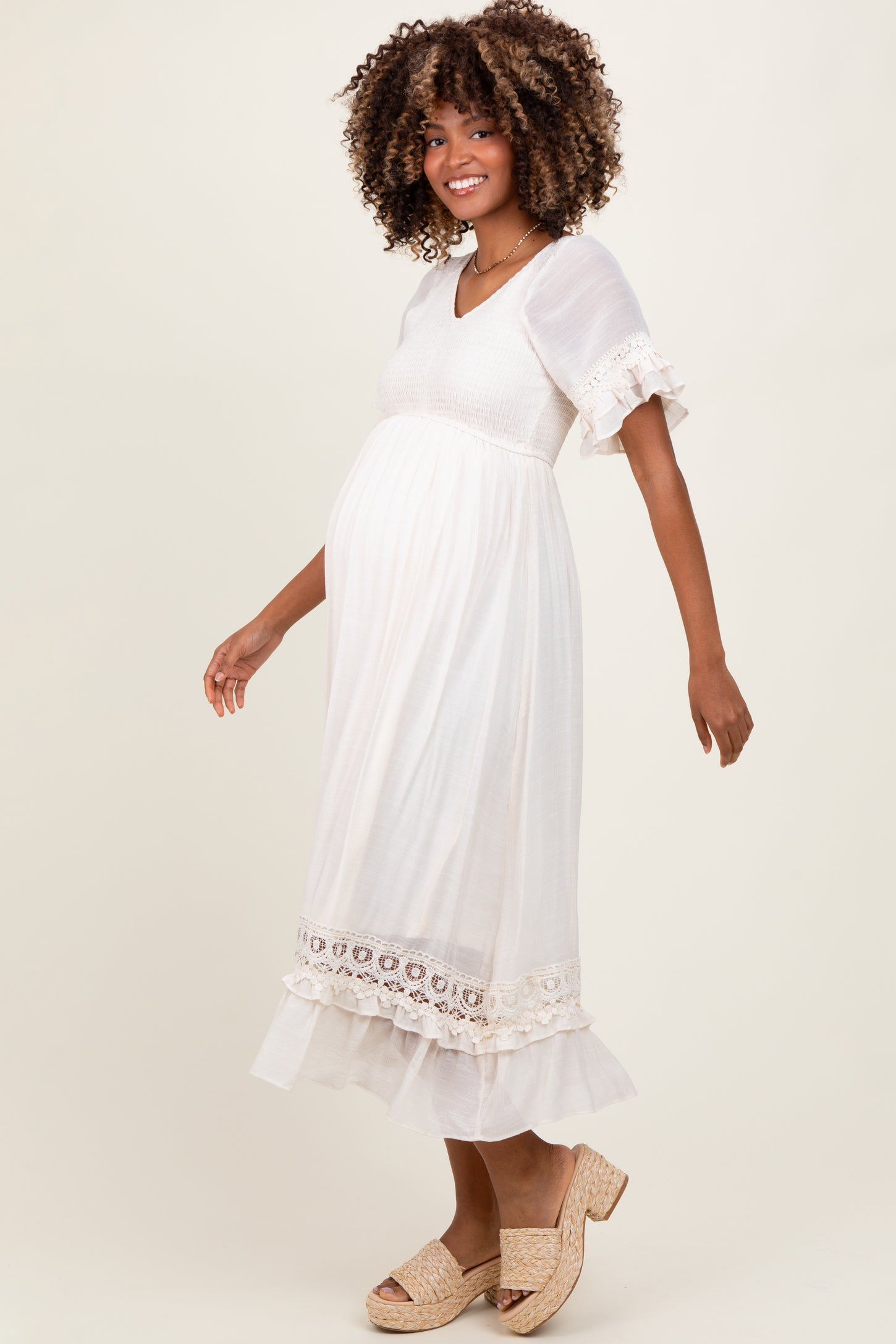 Cream Smocked Crochet Ruffle Trim Maternity Midi Dress PinkBlush Cream Smocked Crochet Ruffle Trim Maternity Midi Dress PinkBlush