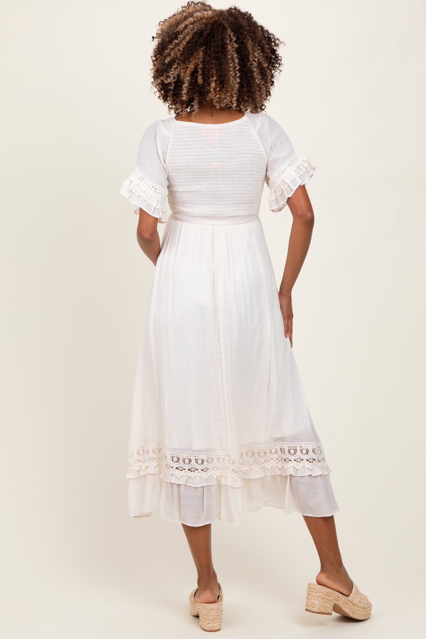 Cream Smocked Crochet Ruffle Trim Maternity Midi Dress