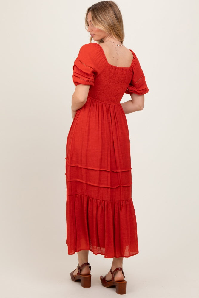 Rust Crochet Detail Bodice Midi Dress