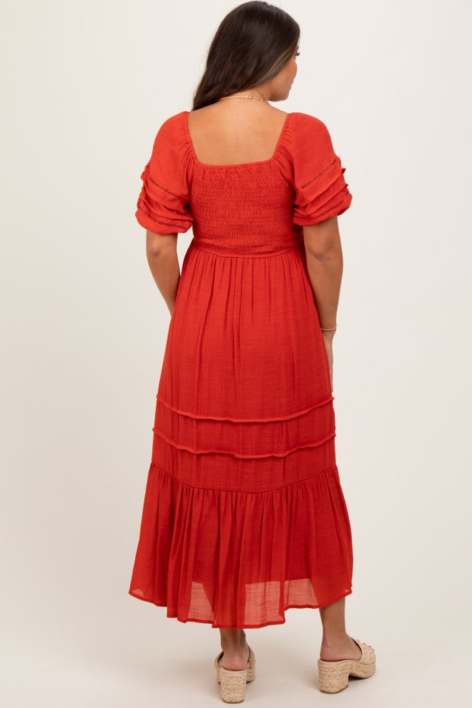 Rust Crochet Detail Bodice Maternity Midi Dress