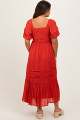 Rust Crochet Detail Bodice Maternity Midi Dress