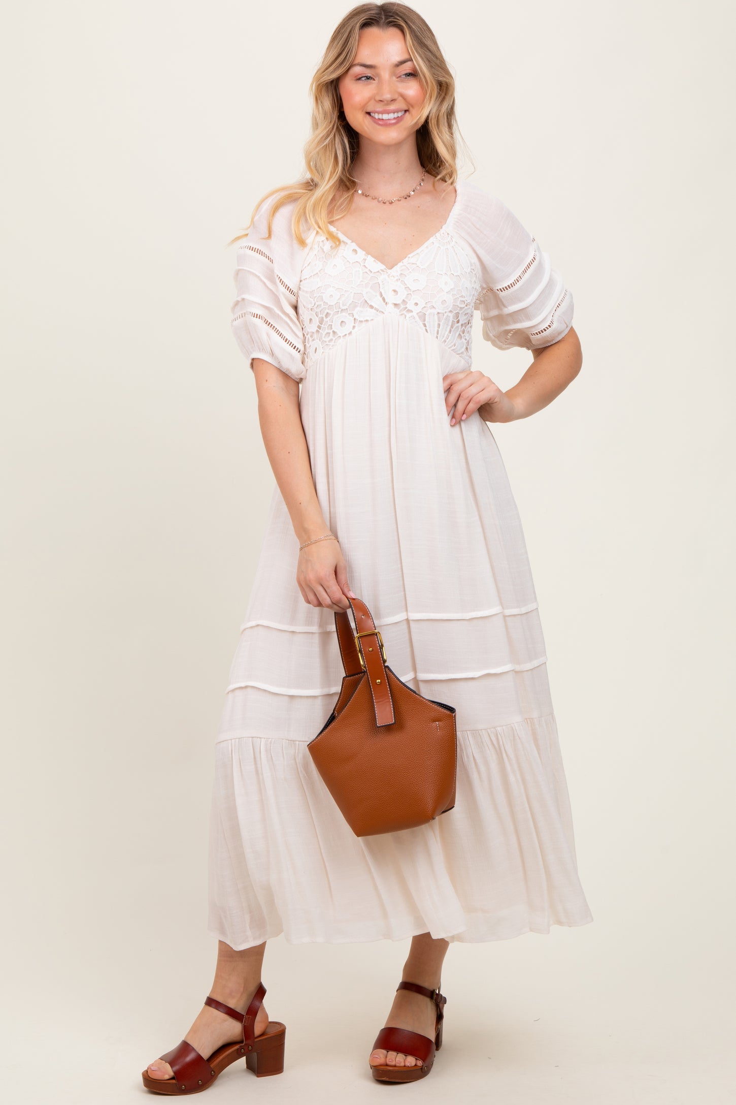 Cream Crochet Detail Bodice Maternity Midi Dress