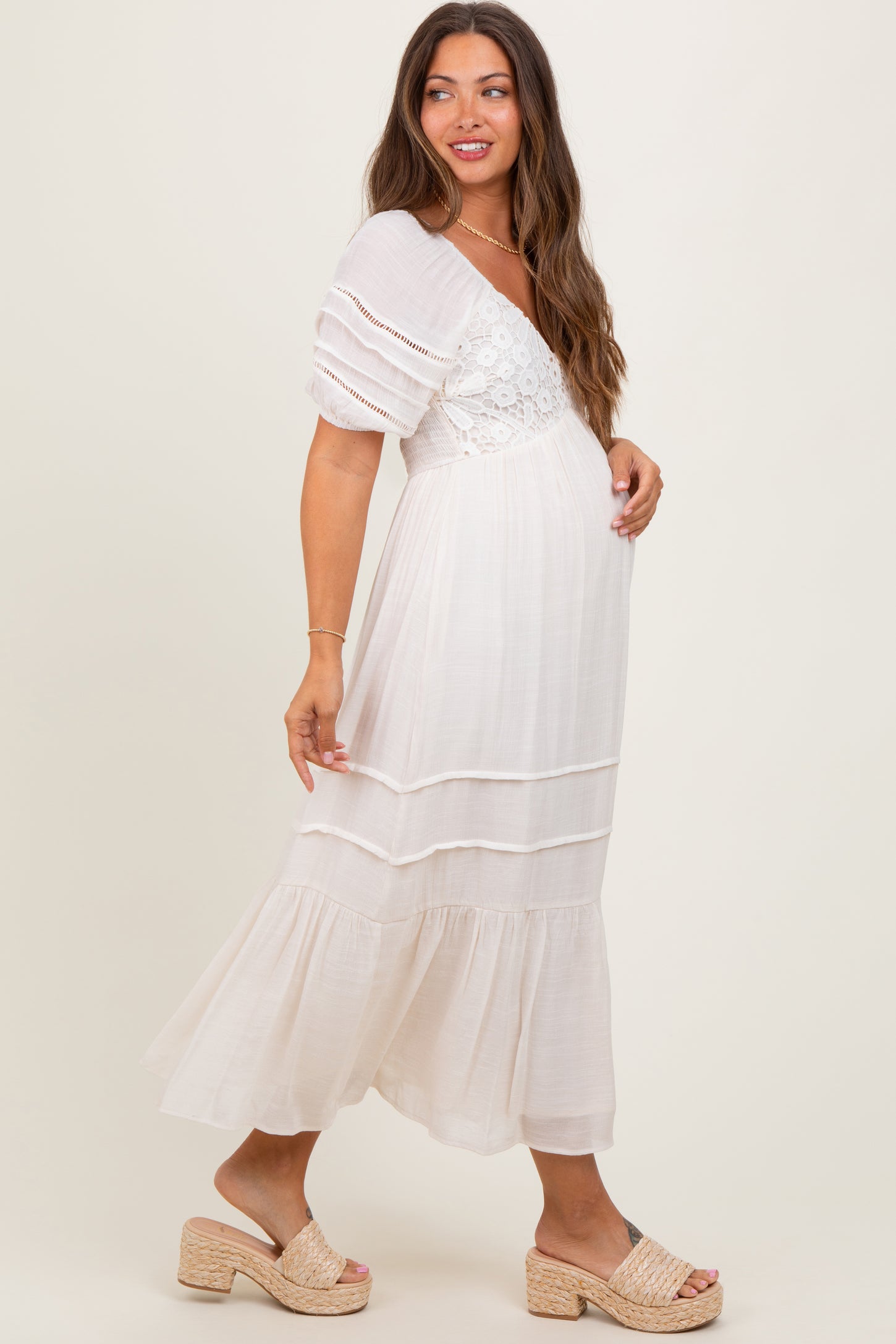 Cream Crochet Detail Bodice Maternity Midi Dress