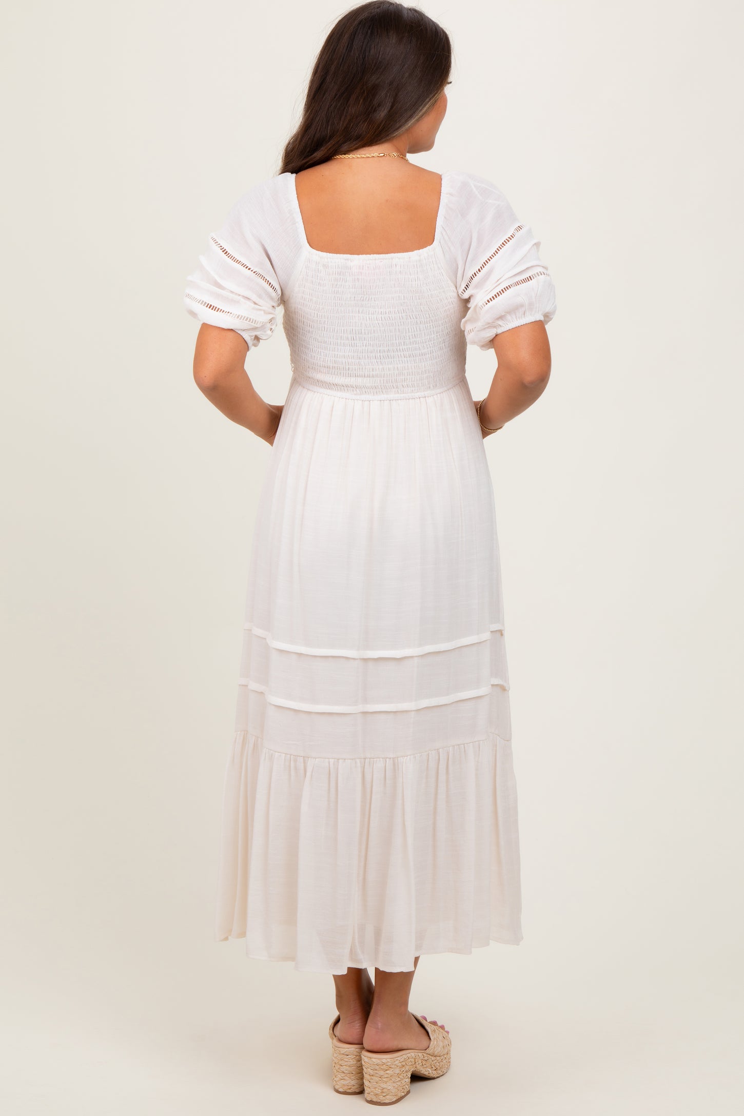 Cream Crochet Detail Bodice Maternity Midi Dress