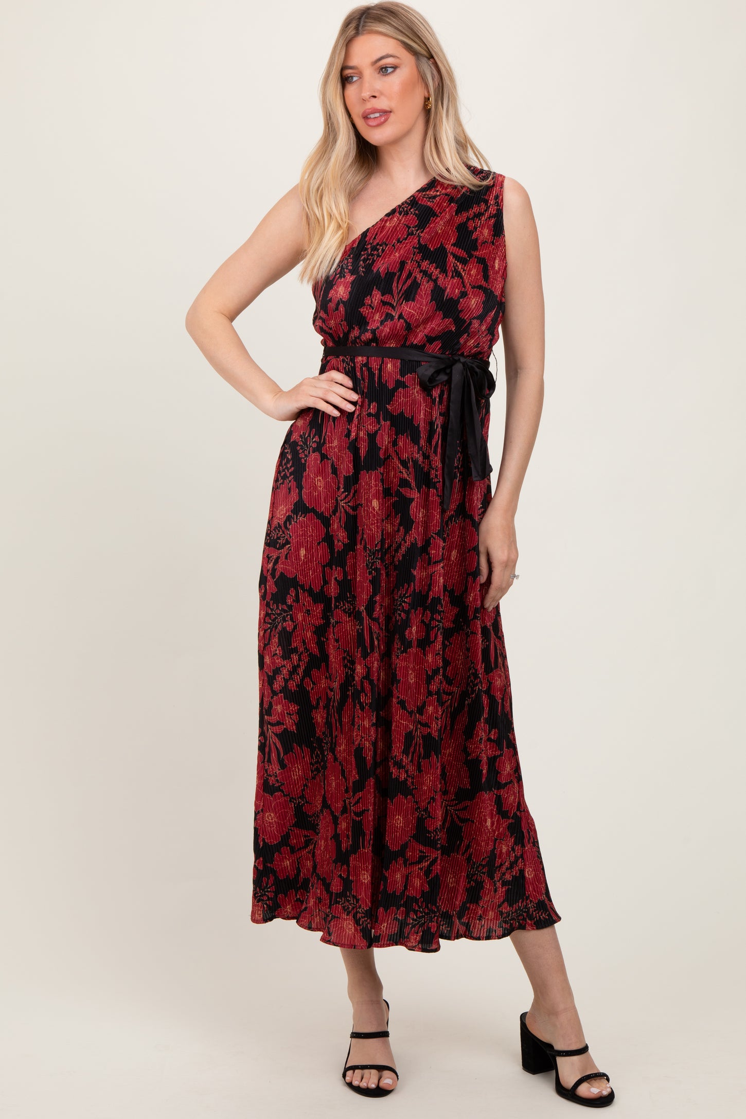 Red Floral Print Plisse One Shoulder Maxi Dress