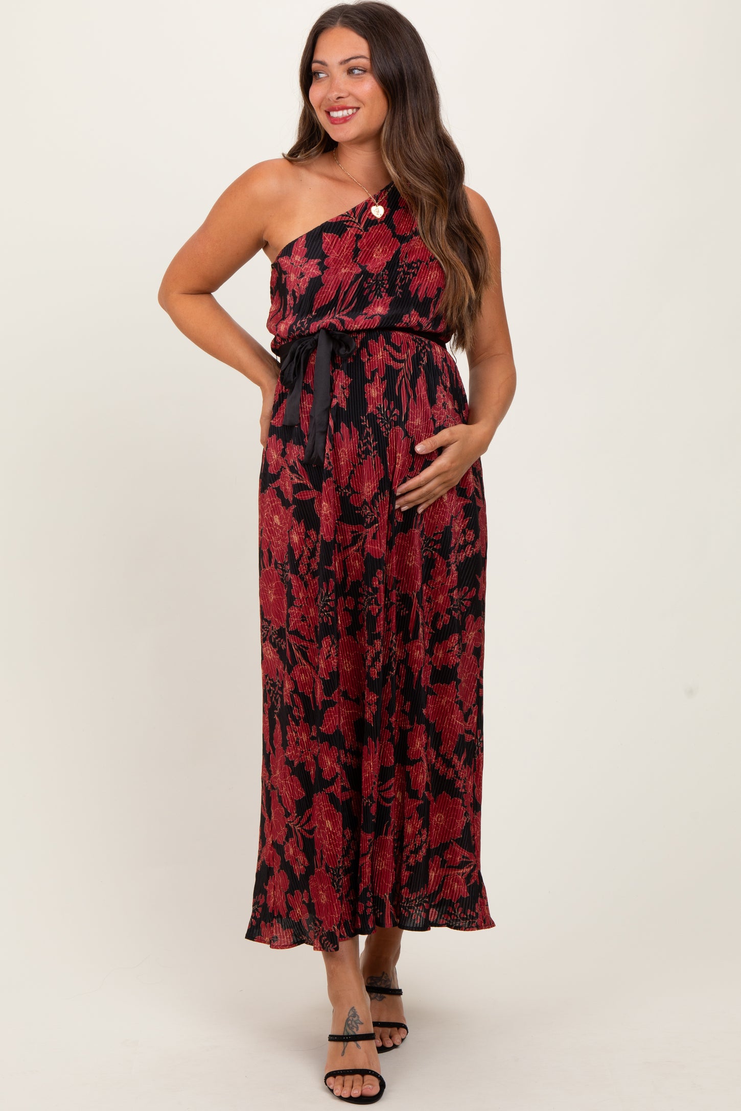 Red Floral Print Plisse One Shoulder Maternity Maxi Dress