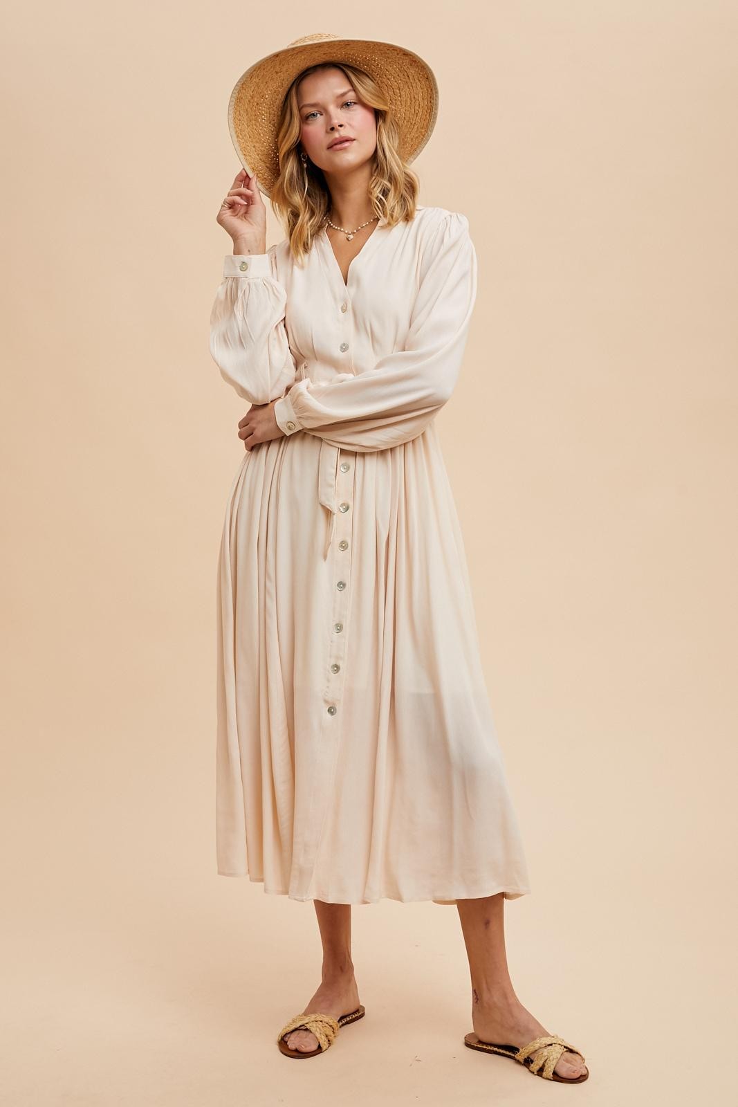 Beige Belted Long Sleeve Maxi Dress