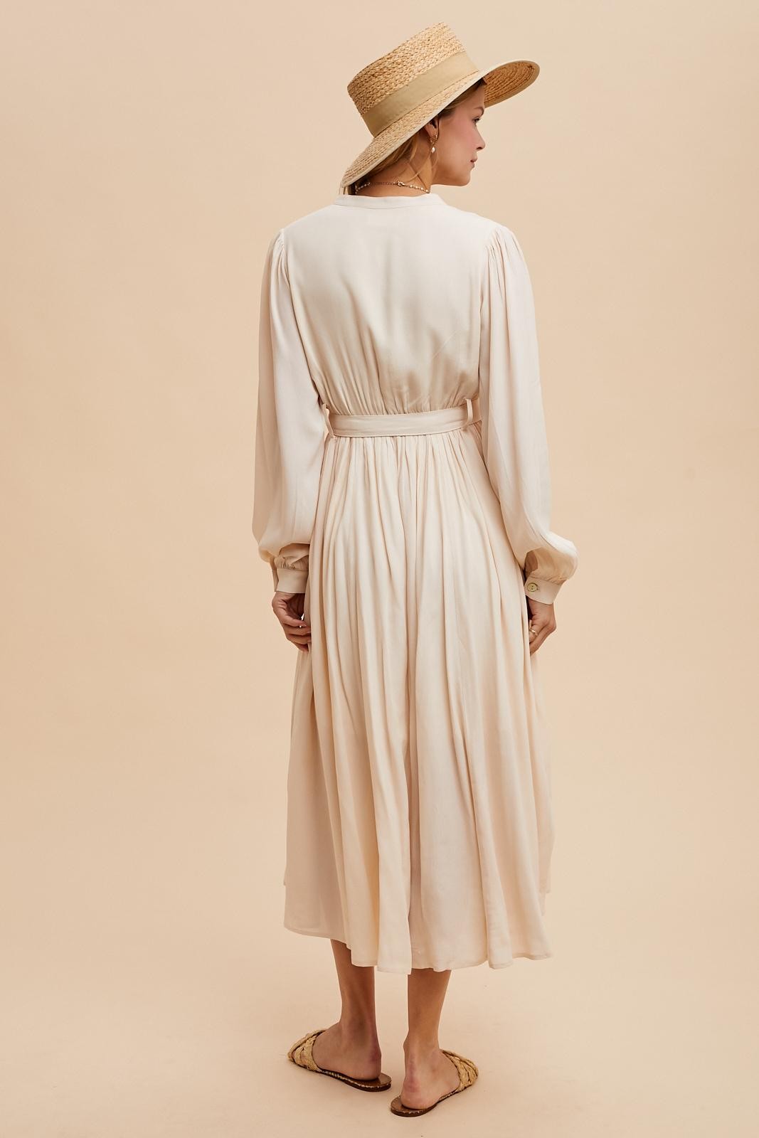 Beige Belted Long Sleeve Maxi Dress