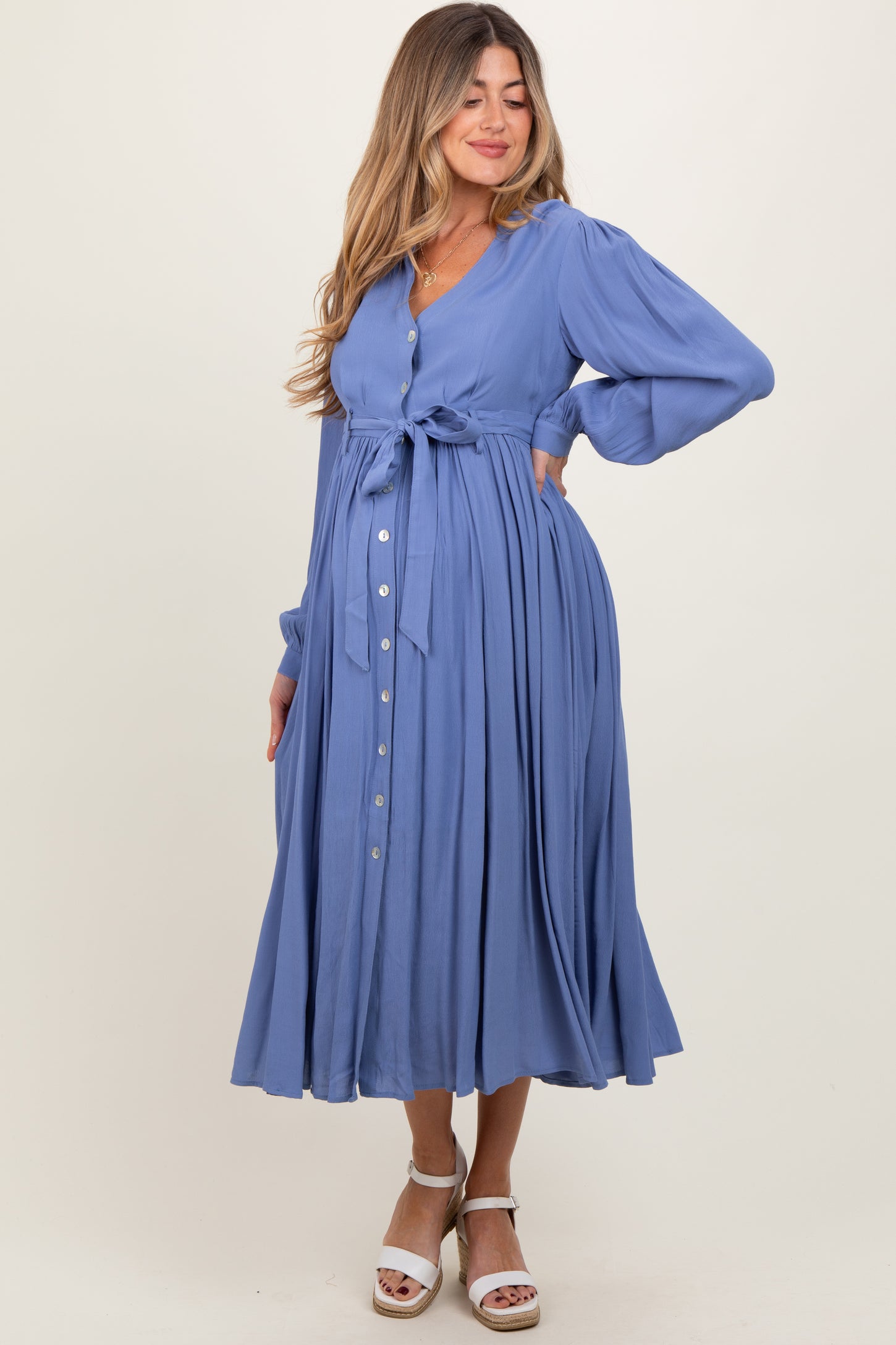 Blue Belted Long Sleeve Maternity Maxi Dress