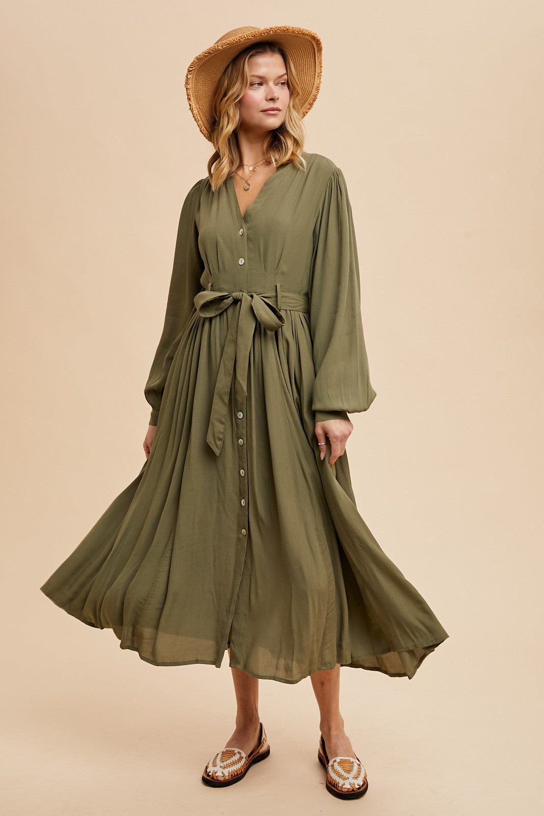 Olive Belted Long Sleeve Maternity Maxi Dress