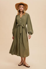 Olive Belted Long Sleeve Maxi Dress