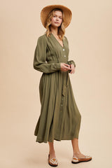 Olive Belted Long Sleeve Maxi Dress