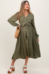 Olive Belted Long Sleeve Maternity Maxi Dress