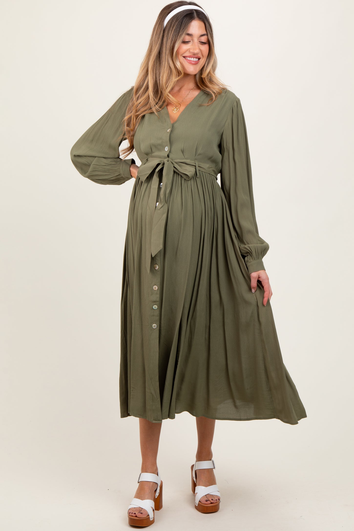 Olive Belted Long Sleeve Maternity Maxi Dress