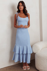 Blue Textured Shoulder Tie Layered Hem Maternity Maxi Dress