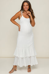 White Textured Shoulder Tie Layered Hem Maternity Maxi Dress