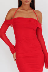 Red Halter Off Shoulder Mesh Maxi Dress