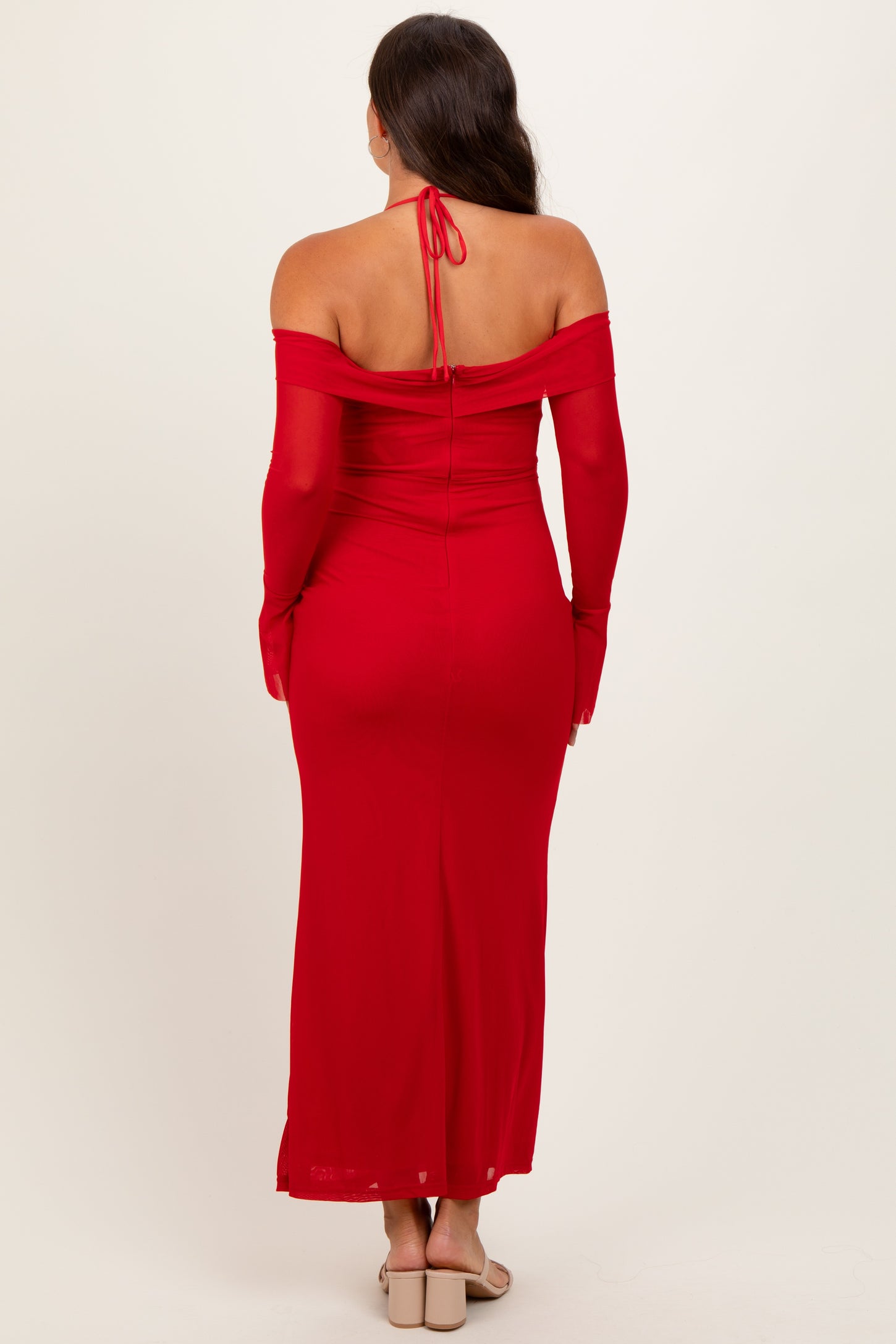 Red Halter Off Shoulder Mesh Maternity Maxi Dress